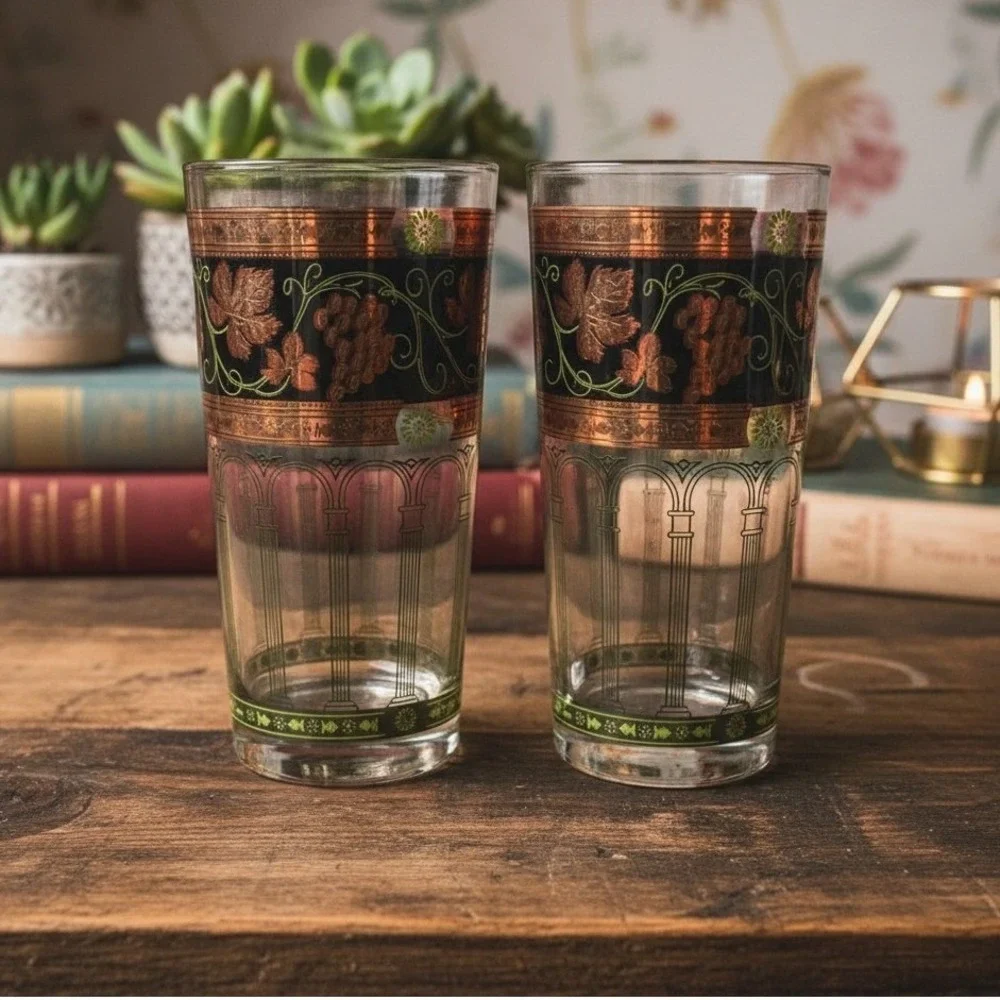 Cera Green & Golden Grapes Highball Glasses, Set of 2, Vintage Tumblers, Barware